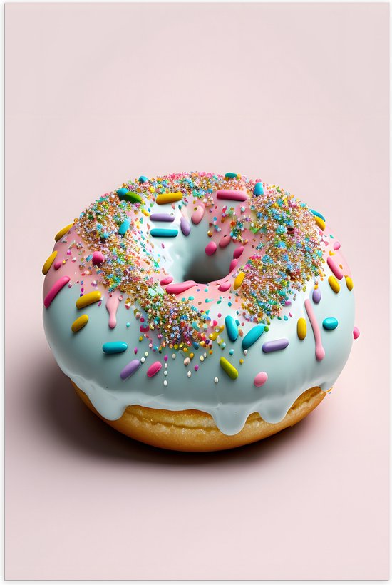 Poster (Mat) - Donut met Blauwe Glazuur met Sprinkles tegen Lichroze Achtergrond - 50x75 cm Foto op Posterpapier met een Matte look