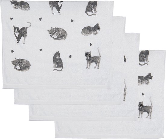 HAES DECO - Set van 4 Gastendoeken - formaat 40x66 cm - kleuren Wit / Zwart / Grijs - van 100% Katoen - Collectie: Cats and Kittens - Gastendoek / handdoek / Toilethanddoek