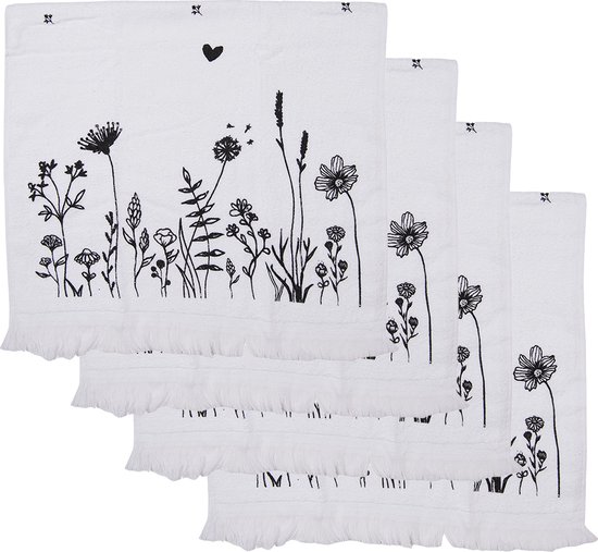 HAES DECO - Set van 4 Gastendoeken - formaat 40x66 cm - kleuren Zwart / Beige - van 100% Katoen - Collectie: Flora and Fauna - Gastendoek / handdoek / Toilethanddoek