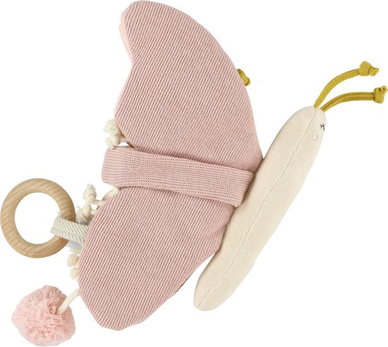 Roze vlinder rammelaar met houten ring, pompon en geknoopte koordjes.