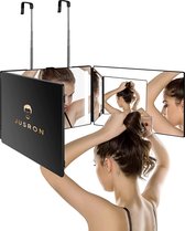 JUSRON 3 Weg Spiegel met LED voor Zelfhaar Knippen, Oplaadbare Cosmetische Spiegel met Intrekbare Haak, Kosmetische Spiegel voor DIY Kapsels, Scheren, Make-up, is een Goed Cadeau voor Mannen&Vrouwen