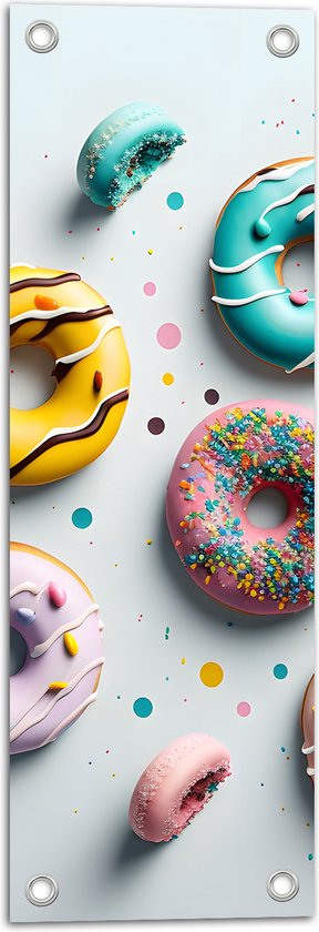 Tuinposter – Donuts met Verschillende Kleuren Glazuur - 20x60 cm Foto op Tuinposter (wanddecoratie voor buiten en binnen)