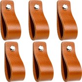 Buffel & Co Leren Handgrepen – Set van 6 – 100% Leer – Leren Lusjes – Inclusief Sierschroeven – Greepjes – Cognac (zilver)