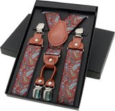 Luxe chique bretels – Rood paisley dessin – – midden bruin leer – 4 stevige clips – bretels heren – unisex