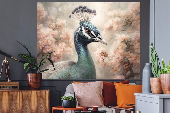 Muurstickers - Sticker Folie - Pauw - Vogels - Bloemen - Boom - Botanisch - 160x120 cm - Plakfolie - Muurstickers Kinderkamer - Zelfklevend Behang XXL - Zelfklevend behangpapier - Stickerfolie