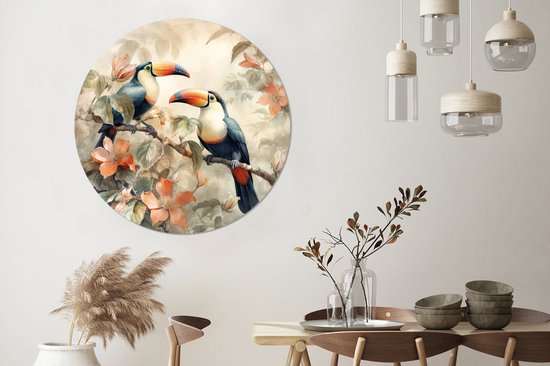 WallCircle - Wandcirkel 120x120 - Toekan - Vogels - Bloemen - Tak - Ronde schilderijen woonkamer - Wandbord rond - Muurdecoratie cirkel - Kamer decoratie binnen - Wanddecoratie muurcirkel - Woonaccessoires XXL