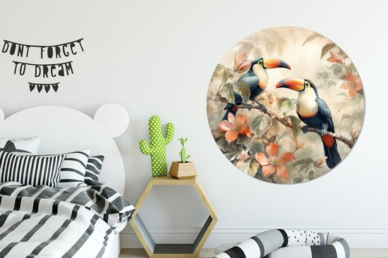 WallCircle - Wandcirkel 120x120 - Toekan - Vogels - Bloemen - Tak - Ronde schilderijen woonkamer - Wandbord rond - Muurdecoratie cirkel - Kamer decoratie binnen - Wanddecoratie muurcirkel - Woonaccessoires XXL