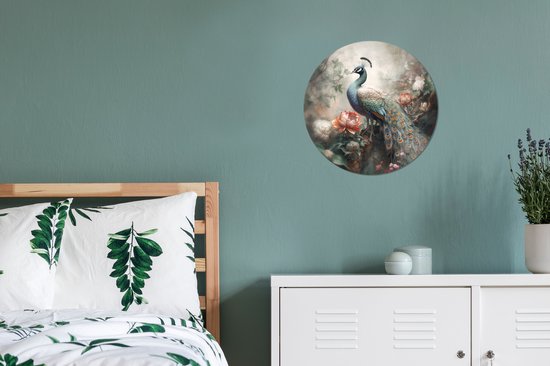 WallCircle - Stickers muraux - Cercle Papier Peint - Paon - Plumes De Paon - Vogel - Jungle - Fleurs - 30x30 cm - Cercle Mural - Auto Adhésif - Autocollant Rond Papier Peint
