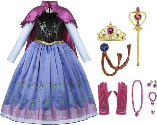 Prinsessenjurk meisje - Anna jurk - verkleedkleding meisje - Het Betere Merk - Lange roze cape - Maat 92/98 (100) - Carnavalskleding - Kroon - Toverstaf - Juwelenset - prinsessen handschoenen - Verkleedkleren - Kleed