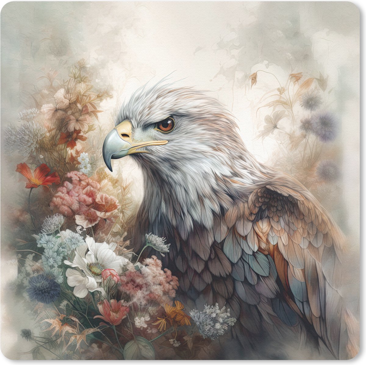 Muismat 20x20 cm - Mousepad Arend - Adelaar - Vogel - Bloemen - Natuur - Muismatten