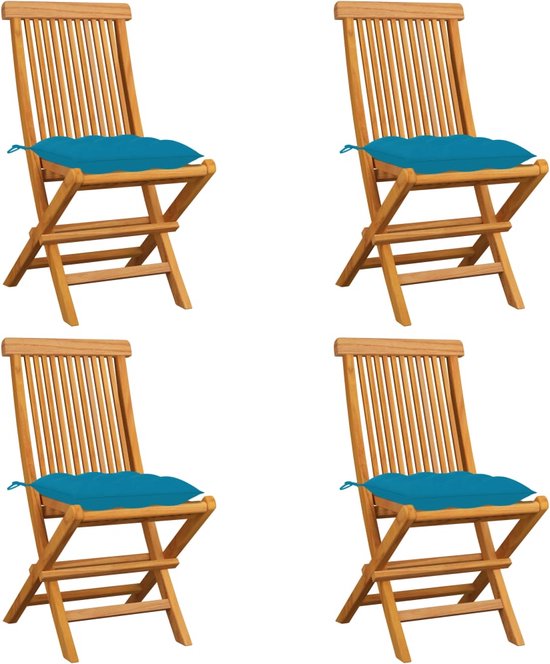 vidaXL - Tuinstoelen - 4 - st - met - lichtblauwe - kussens - massief - teakhout