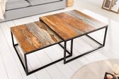 Design salontafel set van 2 ELEMENTS 75cm Sheesham massief hout smoke finish met ijzeren frame - 40281