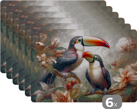 Napperons - 6 pièces - 45x30 cm - Set de table plastique - Toucan - Vogels - Fleurs - Jungle - Assiettes d'assiettes - Décoration pour la table - Accessoires de décoration de table de Cuisine - Tapis Vinyl - Décoration de table