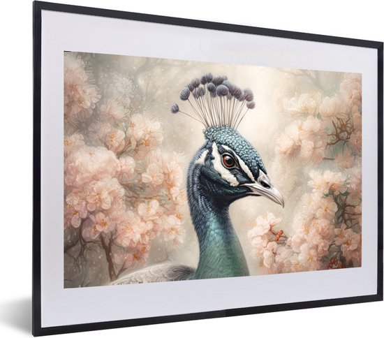 Fotolijst incl. Poster - Pauw - Vogels - Bloemen - Boom - Botanisch - 60x40 cm - Posterlijst