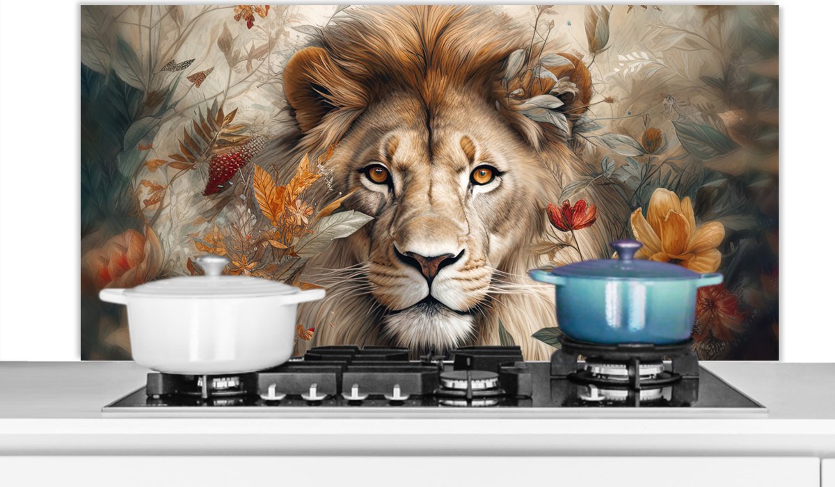 Spatscherm keuken 120x60 cm - Kookplaat achterwand Leeuw - Wilde dieren - Planten - Natuur - Bloemen - Muurbeschermer - Spatwand fornuis - Hoogwaardig aluminium