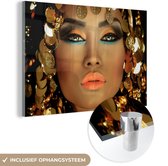 MuchoWow® Glasschilderij 150x100 cm - Schilderij acrylglas - Vrouw - Cleopatra - Goud - Sieraden - Make up - Luxe - Foto op glas - Muurdecoratie woonkamer - Wanddecoratie slaapkamer - Schilderijen