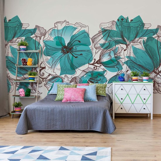 Papier peint Fleurs turquoise peintes modernes | VEXXXL - 416 cm x 254 cm | Polaire 130gr / m2