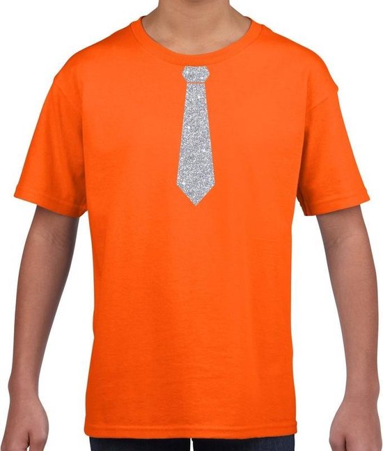 Oranje fun t-shirt met stropdas in glitter zilver kinderen - feest shirt voor kids 134/140