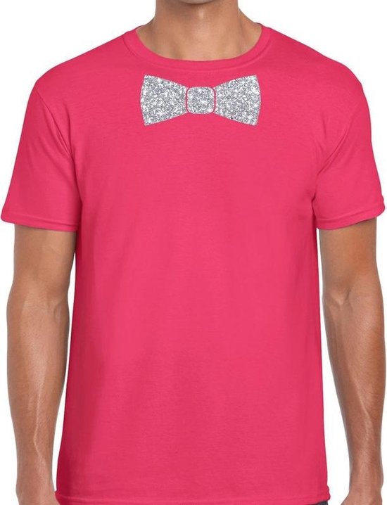 Roze fun t-shirt met vlinderdas in glitter zilver heren - shirt met strikje S