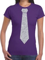 Toppers Paars fun t-shirt met stropdas in glitter zilver dames XXL