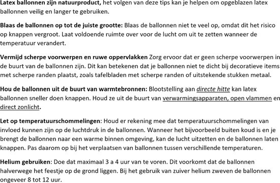 Informatie over het gebruik en onderhoud van latex ballonnen, waaronder waarschuwingen en temperatuuradvies.