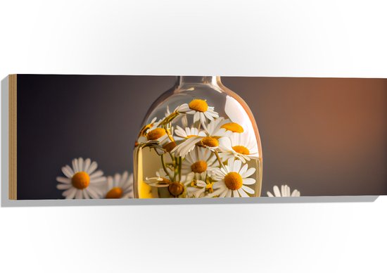Hout - Glazen Fles Gevuld met Witte Madeliefjes - 90x30 cm - 9 mm dik - Foto op Hout (Met Ophangsysteem)