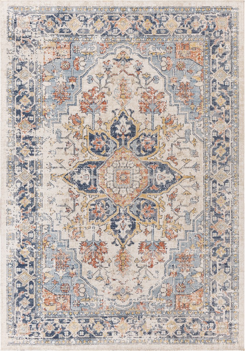 SURYA - SELMA - Stijlvol vintage tapijt - Blauw/roest- Geschikt voor buiten