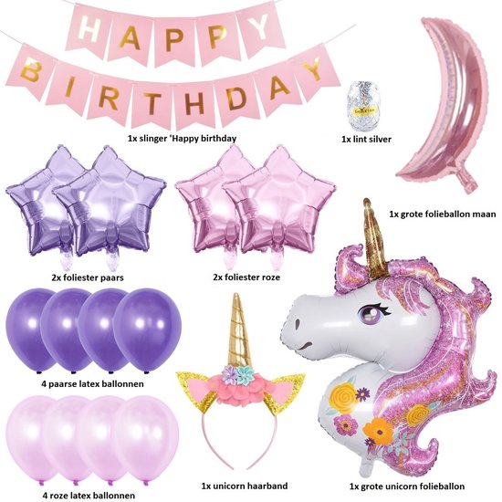 Set de 6 décorations de fête d'anniversaire ballons Unicorn / Eenhoorn (8  ans)