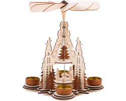 BRUBAKER Kerstpiramide kathedraal 29 cm - Maria, Jozef en Jezus - 2 etages - theelichtpiramide met 4 theelichthouders van metaal - hout natuur