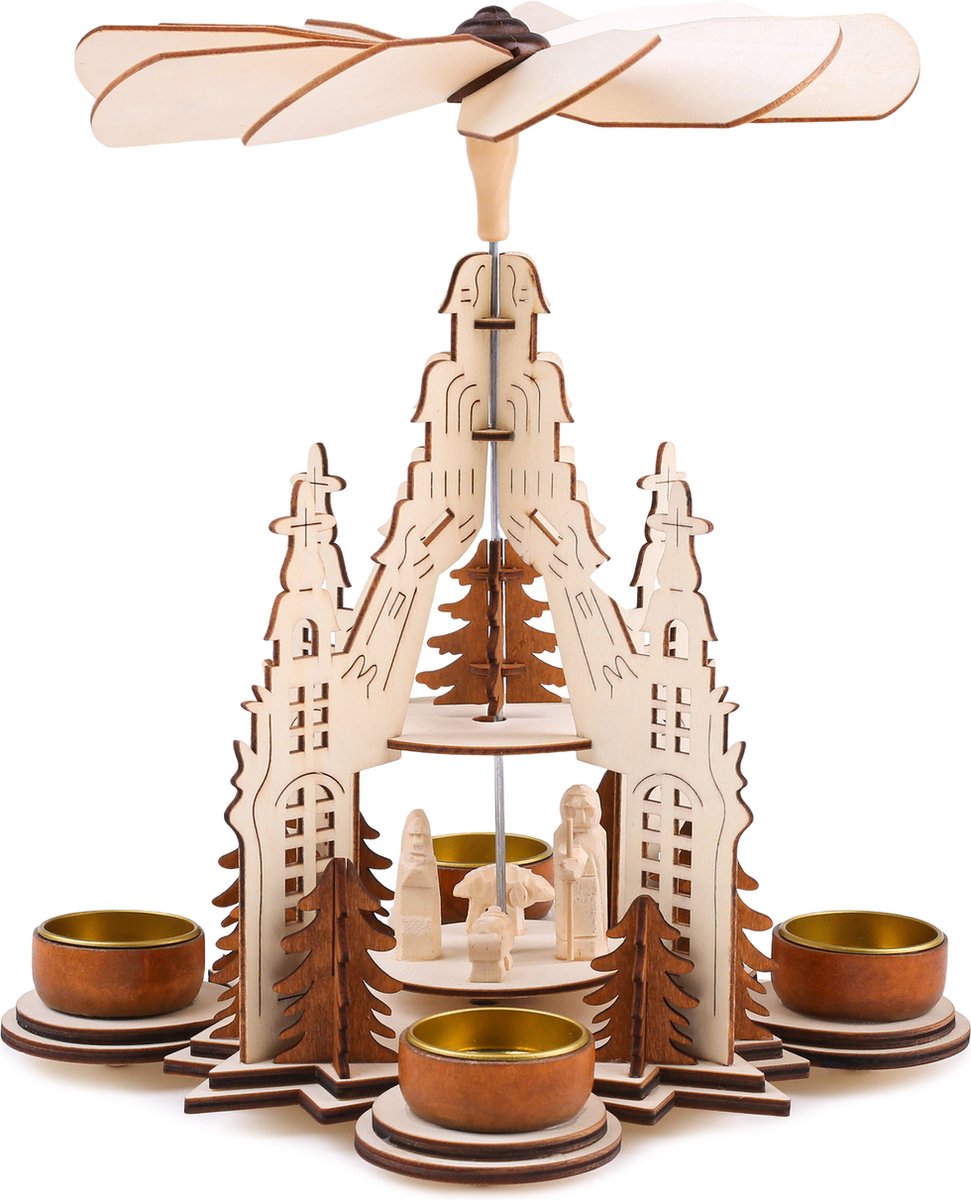 BRUBAKER Kerstpiramide kathedraal 29 cm - Maria, Jozef en Jezus - 2 etages - theelichtpiramide met 4 theelichthouders van metaal - hout natuur