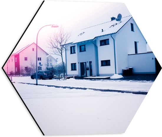 Dibond Hexagon - Besneeuwde Huisjes in Straat - 40x34.8 cm Foto op Hexagon (Met Ophangsysteem)