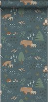Papier peint ESTAhome forêt avec animaux de la forêt bleu gris, vert et beige - 139248 - 0,53 x 10,05 m