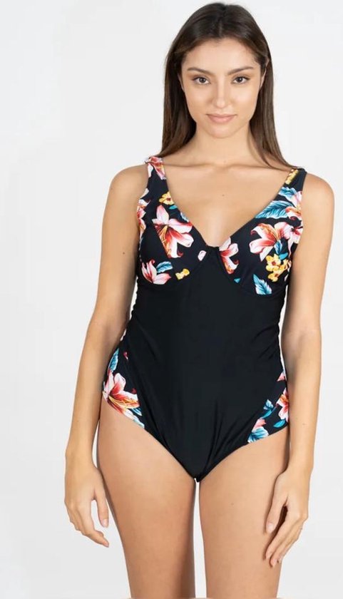 Zwempak Dames- Grote maat Badpak met beugel (Cup niet voorgevormd) Dames Badmode Bikini- Strandkleding Swimwear H7009- Zwart Bloemenprint- Maat 52