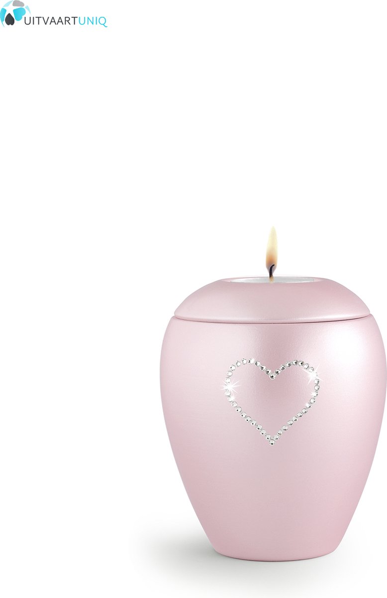 Dierenurn roze paarlemoer swarovski hart met licht klein