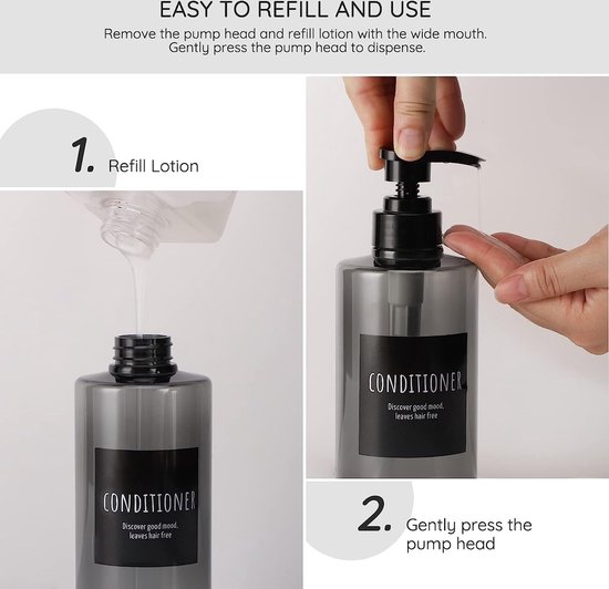 Shampooflessen om te vullen, 500 ml, 3-delige pompflessen, navulbare shampoodispenser, kunststof pompdispenser, douchegel, wasmiddeldispenser met etiketten voor douche, keuken, zwart