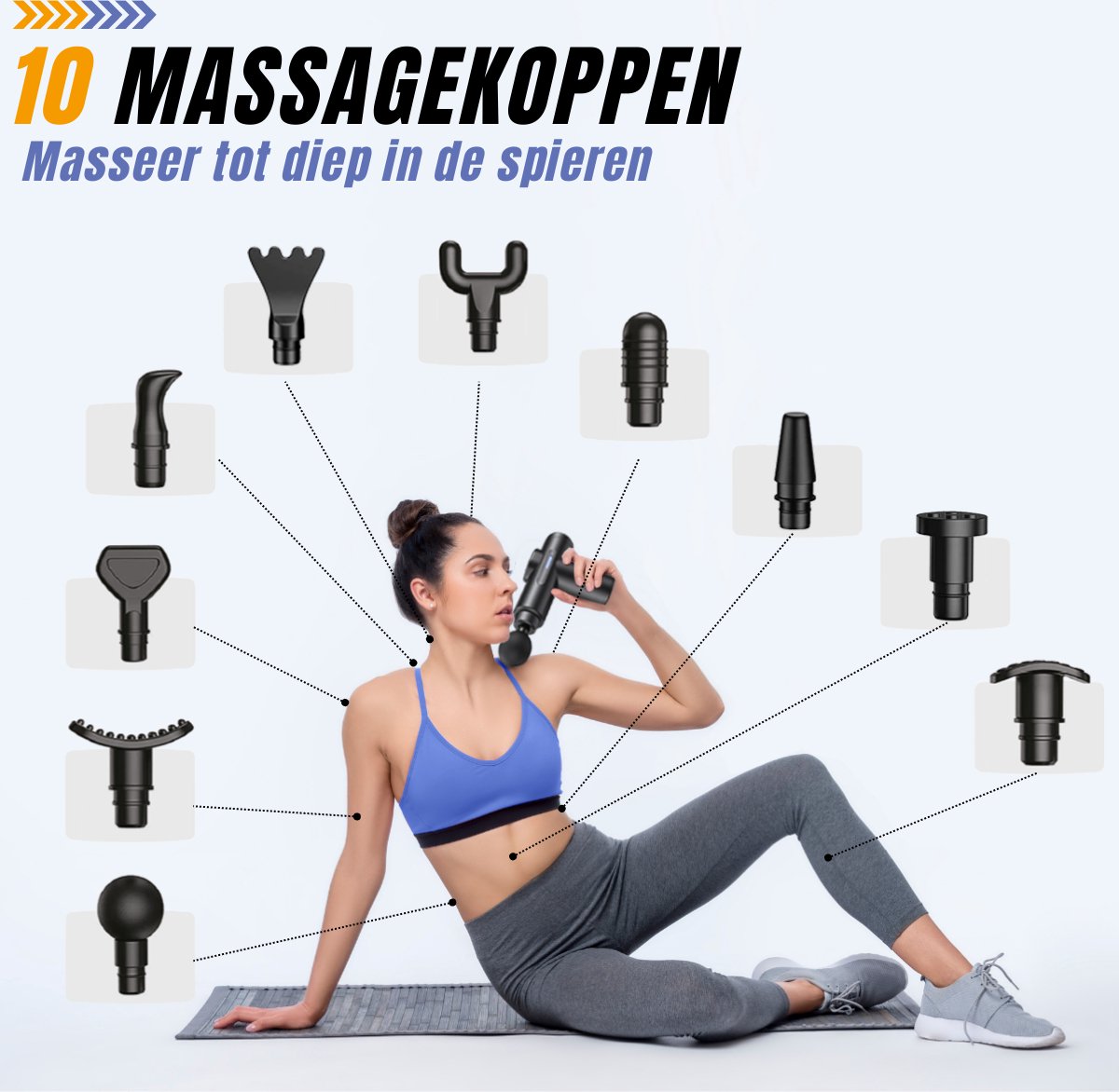 Afbeelding 2 van Squago Massage Gun professioneel - 32 standen - 10 opzetstukken - Compact massage Apparaat - Massage Pistool - Massagegun