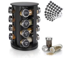 Kruidenrek staand – kruidenrek draaibaar – rek met 16 kruidenpotjes rond – kruiden organizer – Incl. 48 labels - Zwart
