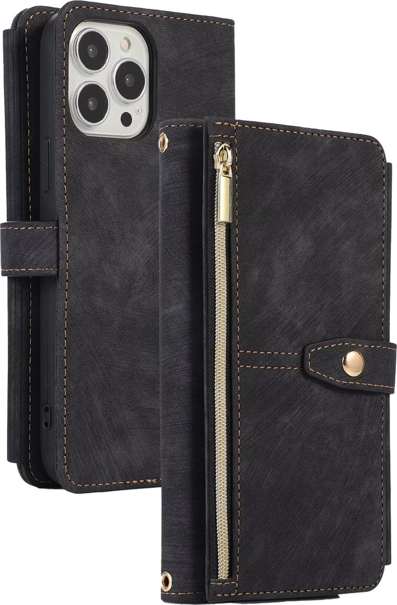 Hoesje geschikt voor iPhone 12 - Bookcase - Koord - Pasjeshouder - Portemonnee - Kunstleer - Zwart