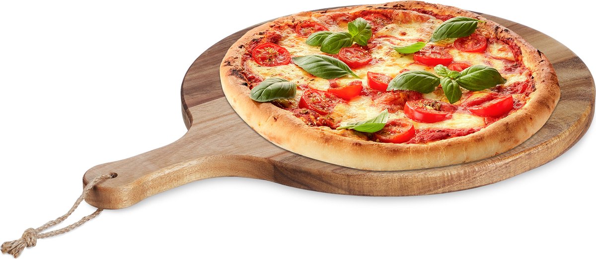 pizzaplank acaciahout - rond - Ø 35,5 cm - met handvat - pizza snijplank