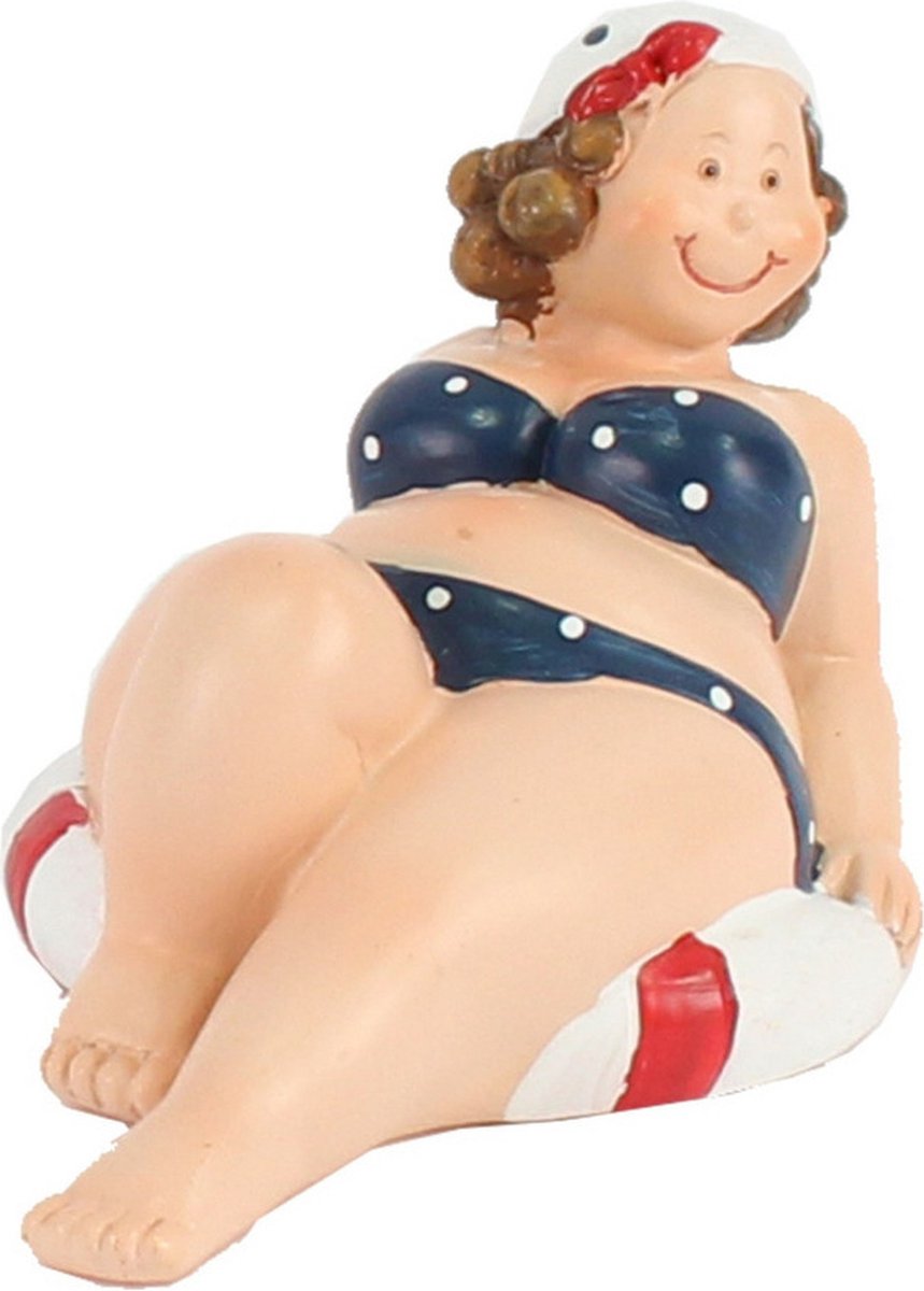 Home decoratie beeldje dikke dame - liggend - blauw badpak - 10 cm