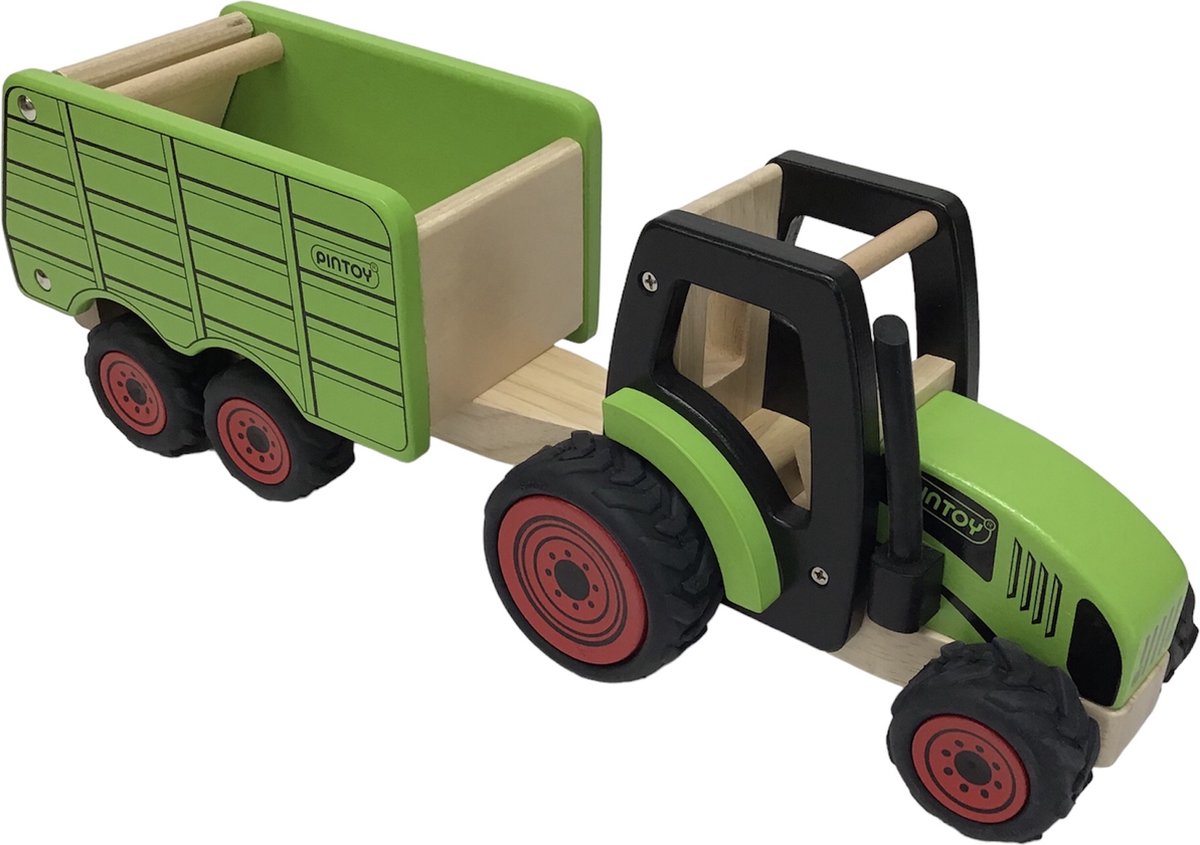 Goki Tracteur vert avec remorque - Jouet en bois