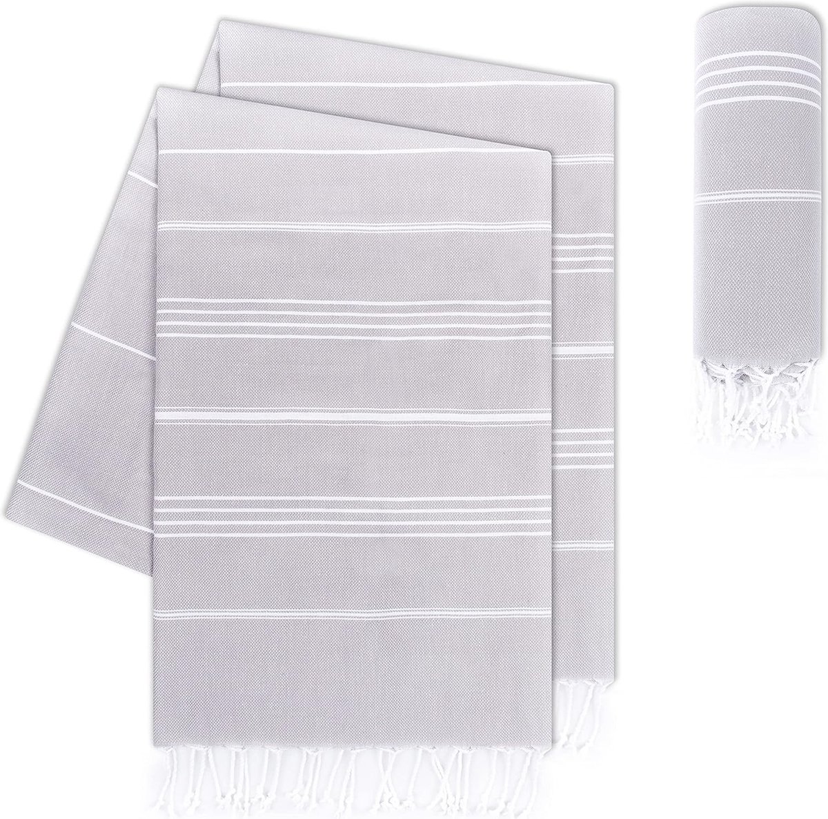 Set van 2 LAYNENBURG Premium fouta hammam handdoek met handgeknoopte franjes - 100% katoen XXL hamamdoek 100x200 cm - OEKO-TEX 100 pestemal strandlaken - saunahanddoek & strandlaken (Grijs)