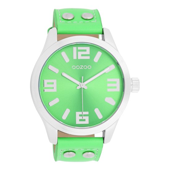 OOZOO Timepieces - Zilverkleurige OOZOO horloge met fluo groene leren band - C1070