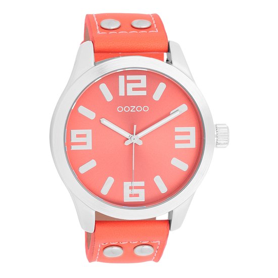 OOZOO Timepieces - Zilverkleurige OOZOO horloge met koraalkleurige leren band - C1073