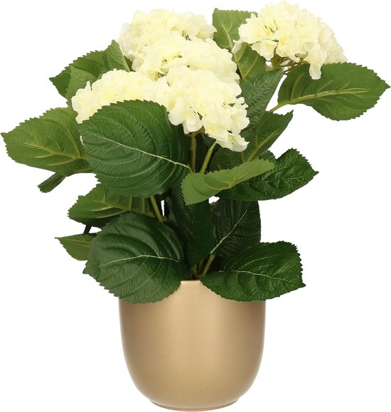 Hortensia kunstplant/kunstbloemen 36 cm - wit - in pot goud glans - Kunst kamerplant