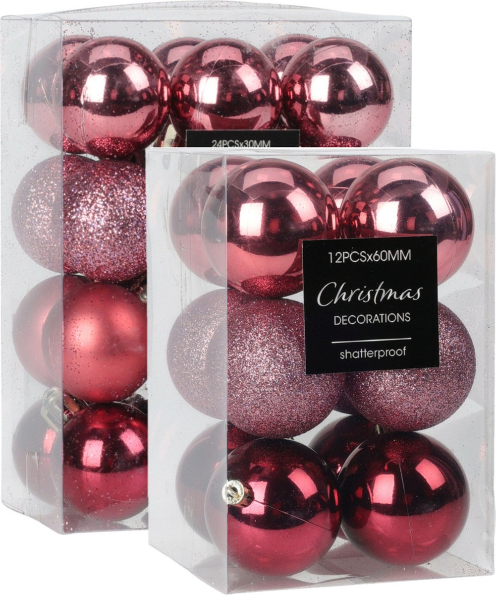 Roze kunststof kerstballen in 5 en 6 cm maten, set van 28 stuks voor kerstversiering.