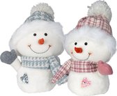 Pluche sneeuwpop knuffels - set 2x st - roze en blauw - 27 cm - knuffeltjes
