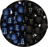 Mini kerstballen - 48x st - donkerblauw en zwart - 2,5 cm - glas - kerstversiering