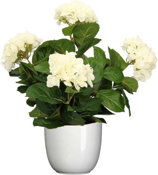 Hortensia kunstplant/kunstbloemen 45 cm - wit - in pot wit glans - Kunst kamerplant