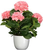 Hortensia kunstplant/kunstbloemen 45 cm - roze - in pot wit glans - Kunst kamerplant